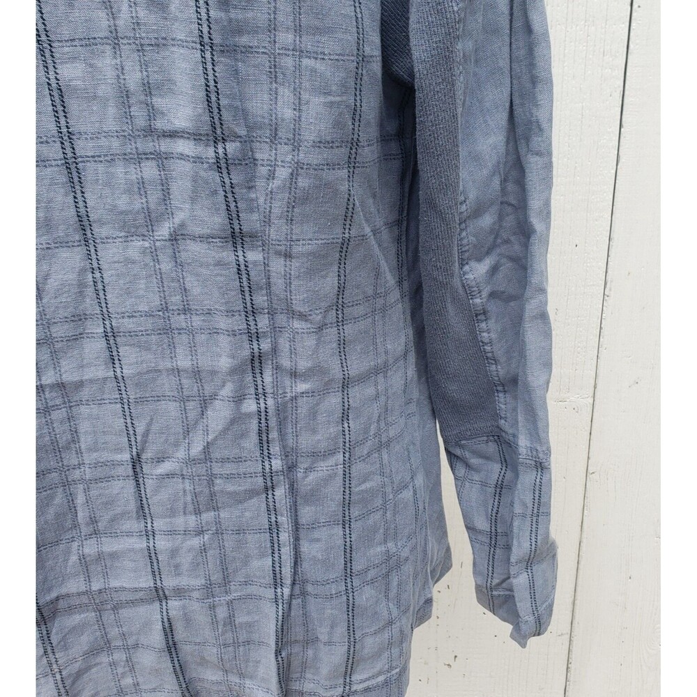 XCVI Women Blue Plaid Back Collared Long Sleeve LINEN Two Button Top Shirt Sz M - Picture 4 of 6